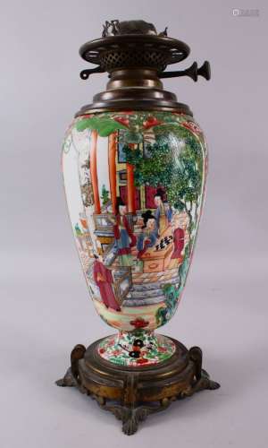 A 19TH CENTURY CHINESE CANTON FAMILLE ROSE PORCELAIN OIL VAS...