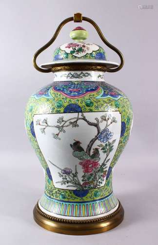 A CHINESE FAMILLE VERTE PORCELAIN VASE / LAMP, with panel de...