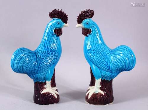A PAIR OF CHINESE TURQUOISE GLAZED FIGURES OF CHICKENS, stoo...