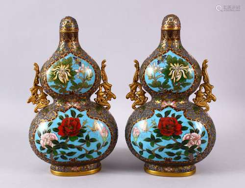 A PAIR OF CHINESE CLOSIONNE DOUBLE GOURD FORMED BOTTLES & CO...