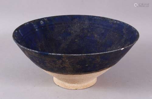 A 13TH CENTURY DEEP BLUE GALZED IRANIAN POTTERY BOWL, 19CM