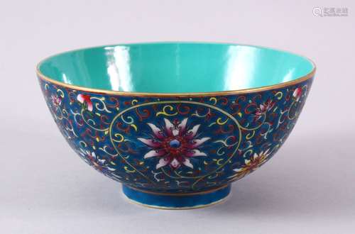 A CHINESE POLY CHROME GLAZED LOTUS PATTERN BOWL, the interio...