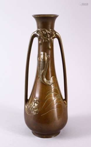 A JAPANESE MEIJI PERIOD BRONZE CARP VASE, the body with moul...