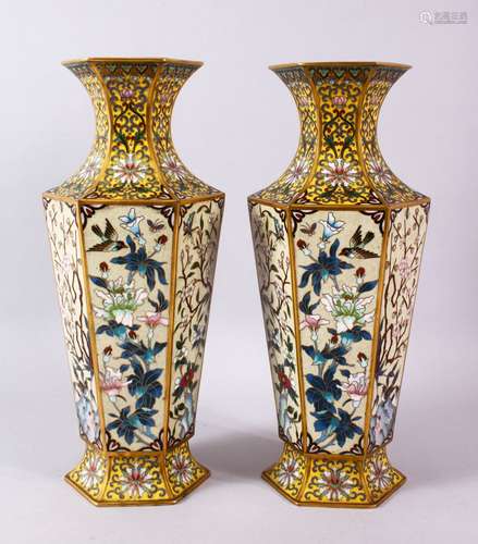 A GOOD PAIR OF CHINESE CLOISONNE HEXAGONAL FORMED FLORAL VAS...