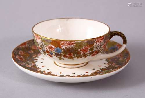 A JAPANESE MEIJI PERIOD SATSUMA MILLIFLEUR TEACUP AND SAUCER...