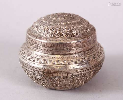 A SMALL INDIAN CIRCULAR WHITE METAL BOX & COVER, possibly si...