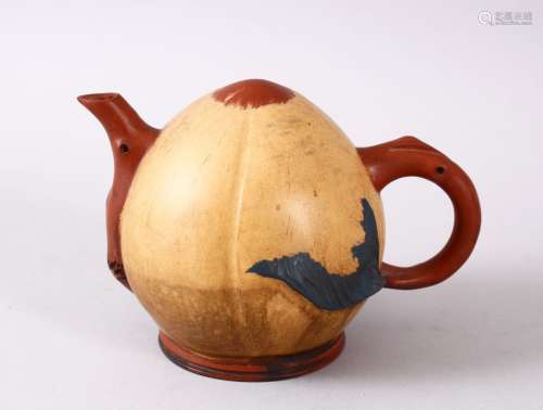 A CHINESE YIXING CLAY GOURD FORMED TEAPOT, with poly chrome ...