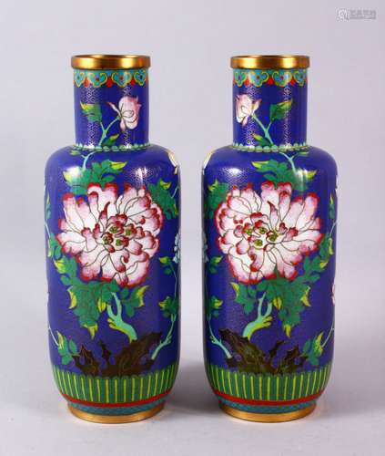 A PAIR OF CHINESE CLOISONNE BLUE GROUND VASES - each with a ...