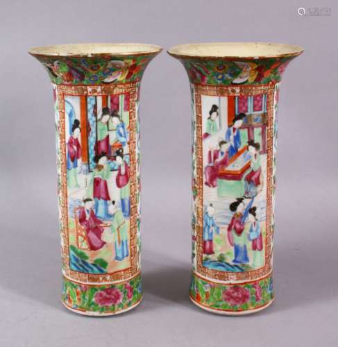 A PAIR OF CHINESE CANTON FAMMILE ROSE PORCELAIN SLEEVE VASES...