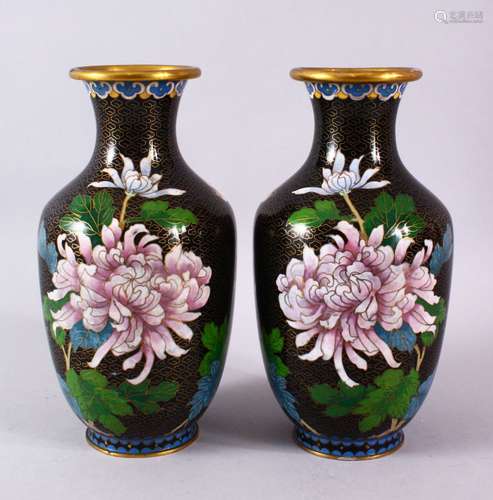 A PAIR OF CHINESE CLOISONNE BLACK GROUND VASES - each with a...