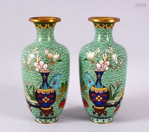 A PAIR OF CHINESE CLOISONNE APPLE GREEN GROUND VASES - each ...