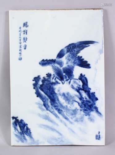 A CHINESE BLUE & WHITE PORCELAIN HAWK TILE / PANEL, depictin...