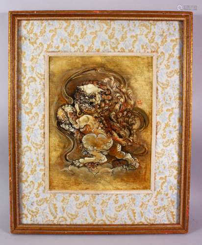 A GOOD CHINESE FRAMED OIL PAINTING OF A LION / FOO DOG, the ...