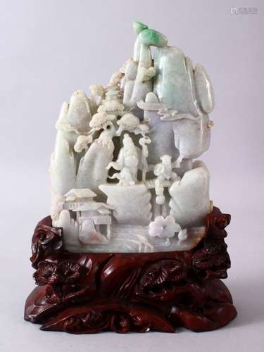 60A LARGER CHINESE CARVED JADEITE IMMORTAL & LANDSCAPE FIGUR...