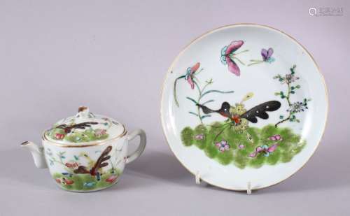 A CHINESE FAMILLE ROSE PORCELAIN TEAPOT, COVER & SAUCER DISH...