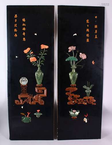 A PAIR OF CHINESE LACQUERED PANELS with hardstone urns and f...