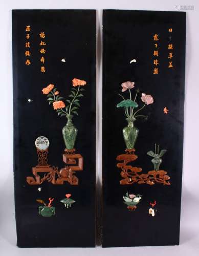 A PAIR OF CHINESE LACQUERED PANELS with hardstone urns and f...