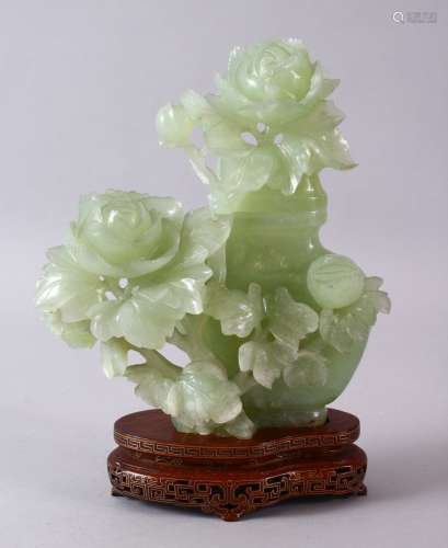 A CHINESE CARVED GREEN JADE FLORAL VASE, COVER & STAND, the ...
