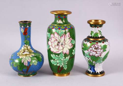 A MIXED LOT OF THREE CHINESE CLOISONNE VASES - the largest w...