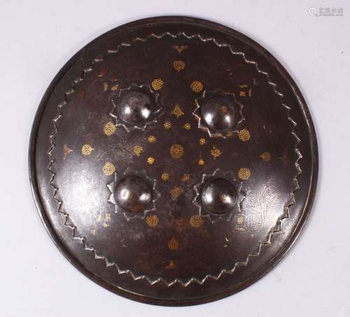 A 19TH CENTURY INDIAN INLAID SILVER & GOLD STEEL SHIELD, wit...