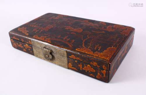A GOOD CHINESE LACQUER LIDDED BOX - with raised decoration d...