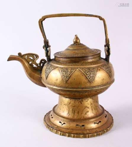 A CHINESE TIBETAN BRASS KETTLE & COVER, of tapered form with...
