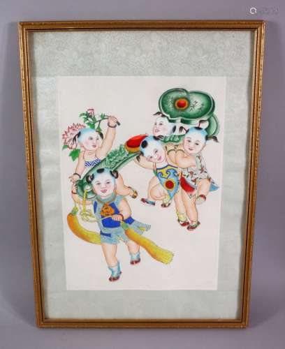 A CHINESE PICTURE of children playing, 32cm x 33cm.