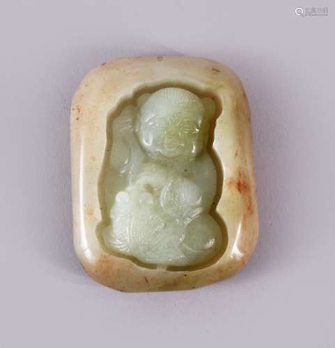 A CHINESE CARVED JADE PENDAND OF A BOY - the jade pebble car...
