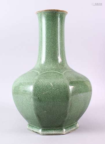 A LARGE CHINESE CRACKLEGLAZE GREEN OCTAGONAL BULBOUS VASE, 4...