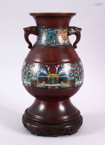 A 19TH CENTURY JAPANESE BRONZE with two cloisonne bands and ...