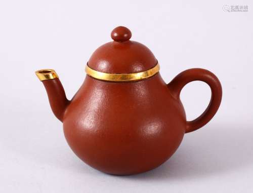A CHINESE YIXING CLAY & GOLD METAL MOUNTED TEAPOT & COVER, t...
