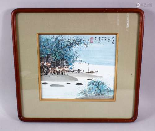 A CHINESE FRAMED PAINTED WATERSIDE LANDSCAPE VIEW, the pictu...