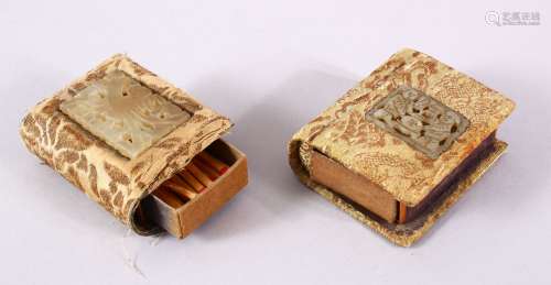 TWO CHINESE CARVED JADE INSET MATCH BOX HOLDERS, each inset ...