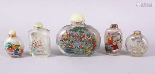 A MIXED LOT OF 5 CHINESE REVERSE PAINTED SNUFF BOTTLES, each...