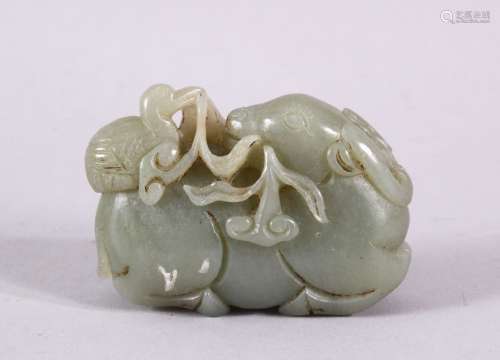 A GOOD CHINESE CARVED JADE FIGURE OF A DEER & DUCK, the duck...
