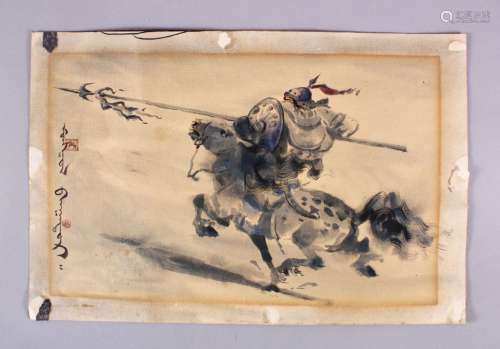 A CHINESE PAINTING ON PAPER - WARRIOR ON HORSEBACK, the pain...