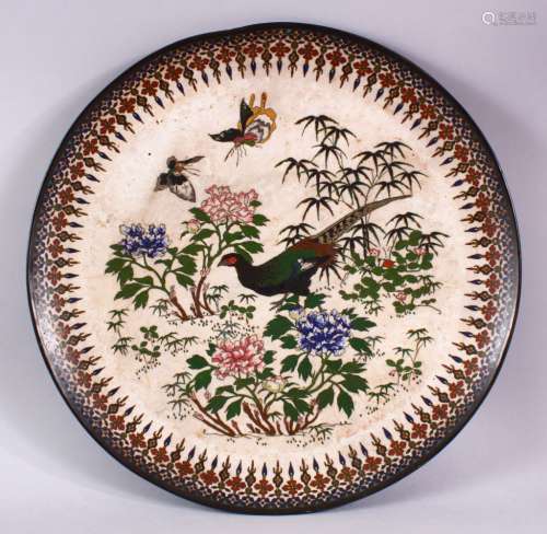A LARGE 19TH CENTURY CLOISONNE ENAMEL CHARGER, with pheasant...