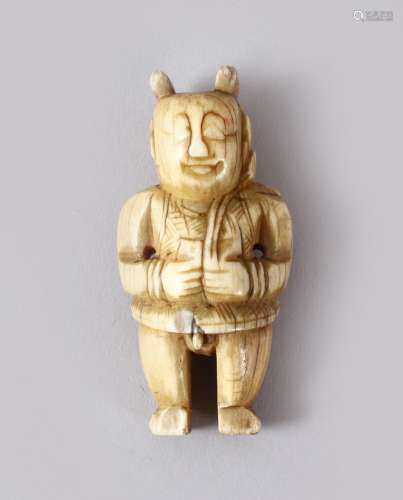 A GOOD EARLY CHINESE CARVED IVORY FIGURE OF A SEMI NUDE MAN ...