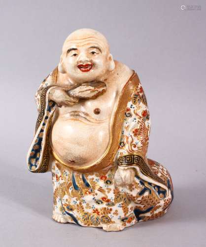 A JAPANESE MEIJI PERIOD SATSUMA IGURE OF HOTEI, stood aside ...