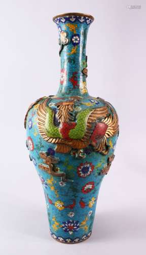 A LARGE & HEAVY CHINESE CLOISONNE PHOENIX VASE, the body wit...