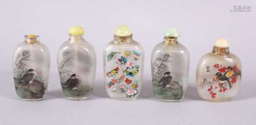 A MIXED LOT OF 5 CHINESE REVERSE PAINTED SNUFF BOTTLES, each...