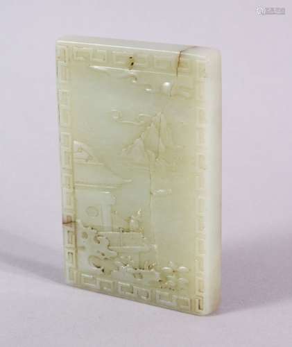 A CHINESE CARVED JADE CALLIGIRAPHIC WATERSIDE LANDSCAPE PEND...