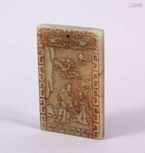 A CHINESE CARVED JADE IMMORTAL PENDANT, one side depicting t...