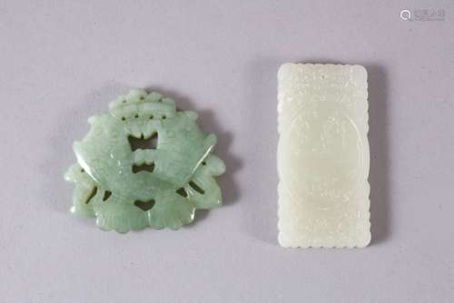 TWO CHINESE CARVED JADE TWIN FISH & IMMORTAL PENDANTS, one c...