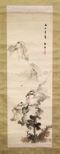 A CHINESE SCROLL PAINTING OF MOUNTAIN LANDSCAPE - SIGNED RIN...