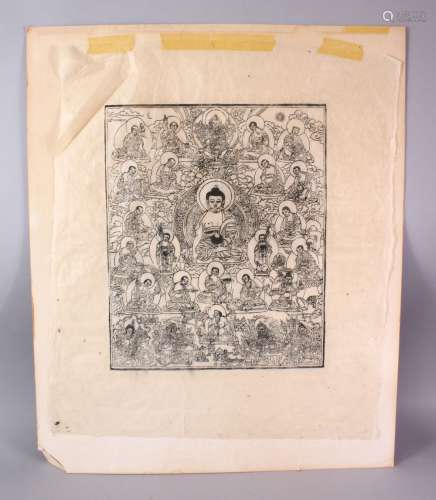 A TIBETAN PAPER THANKA RUBBING / BLOCK PRINT OF BUDDHA, depi...