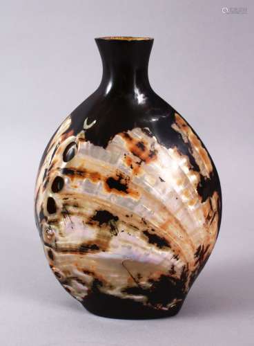 A CHINESE LACQUER & SHELL INLAID BOTTLE / VASE, 18cm high.