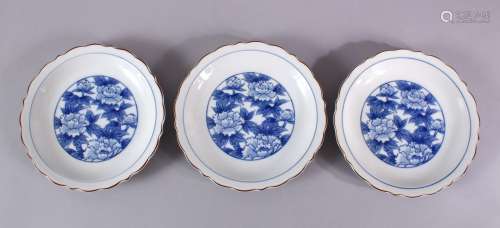 THREE JAPANESE BLUE & WHITE FUKAGAWA PORCELAIN PLATES, each ...