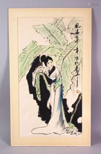 A LARGER CHINESE PAINTING ON PAPER OF A FEMALE FIGURE, stood...