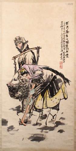 A NICE CHINESE SCROLL PAINTING OF TWO FEMALE FIGURES, the tw...